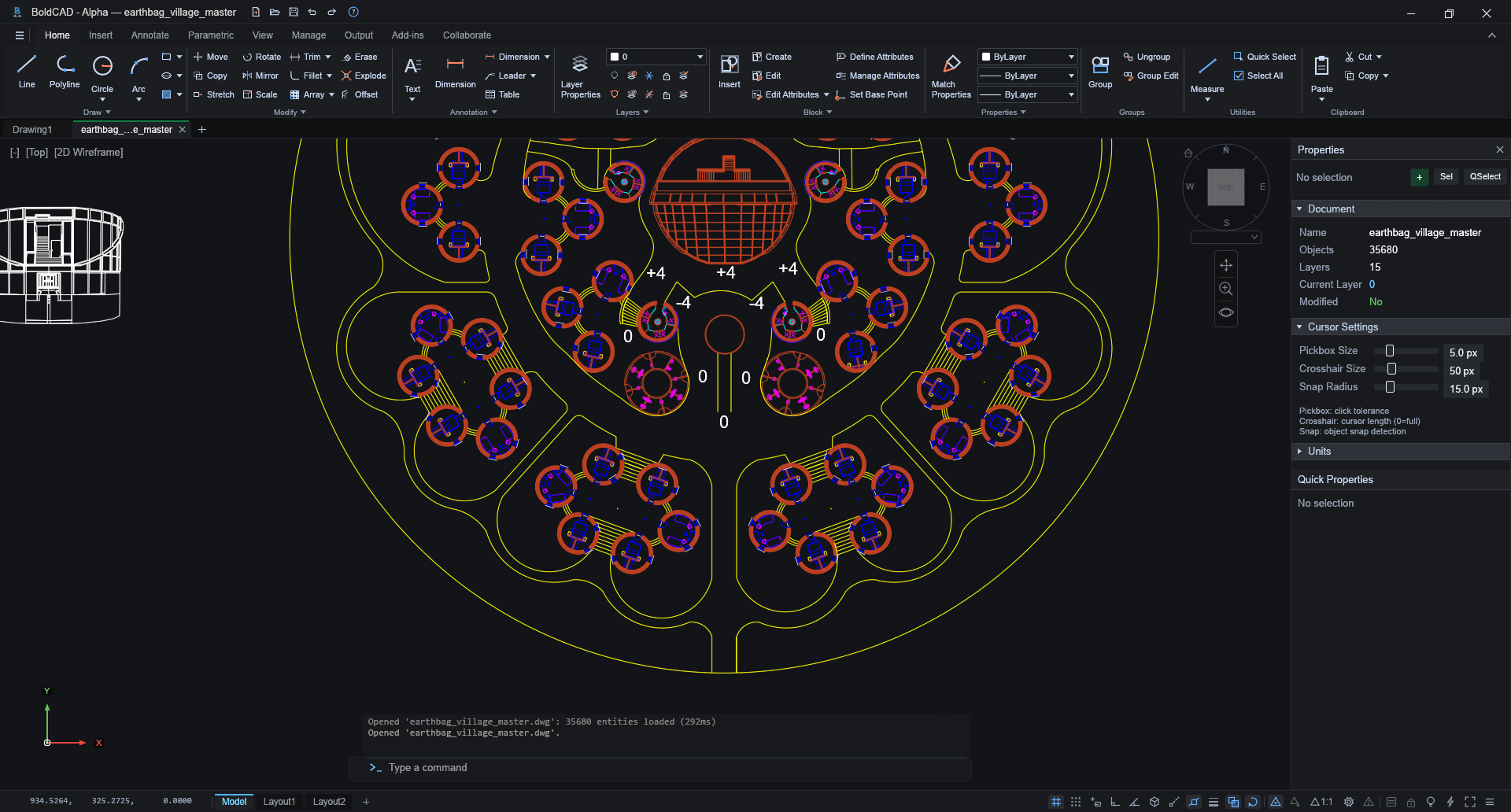 BoldCAD with a village site plan open in model space: dozens of
                      circular dwellings on a radial layout, drawn over 35,000 entities.