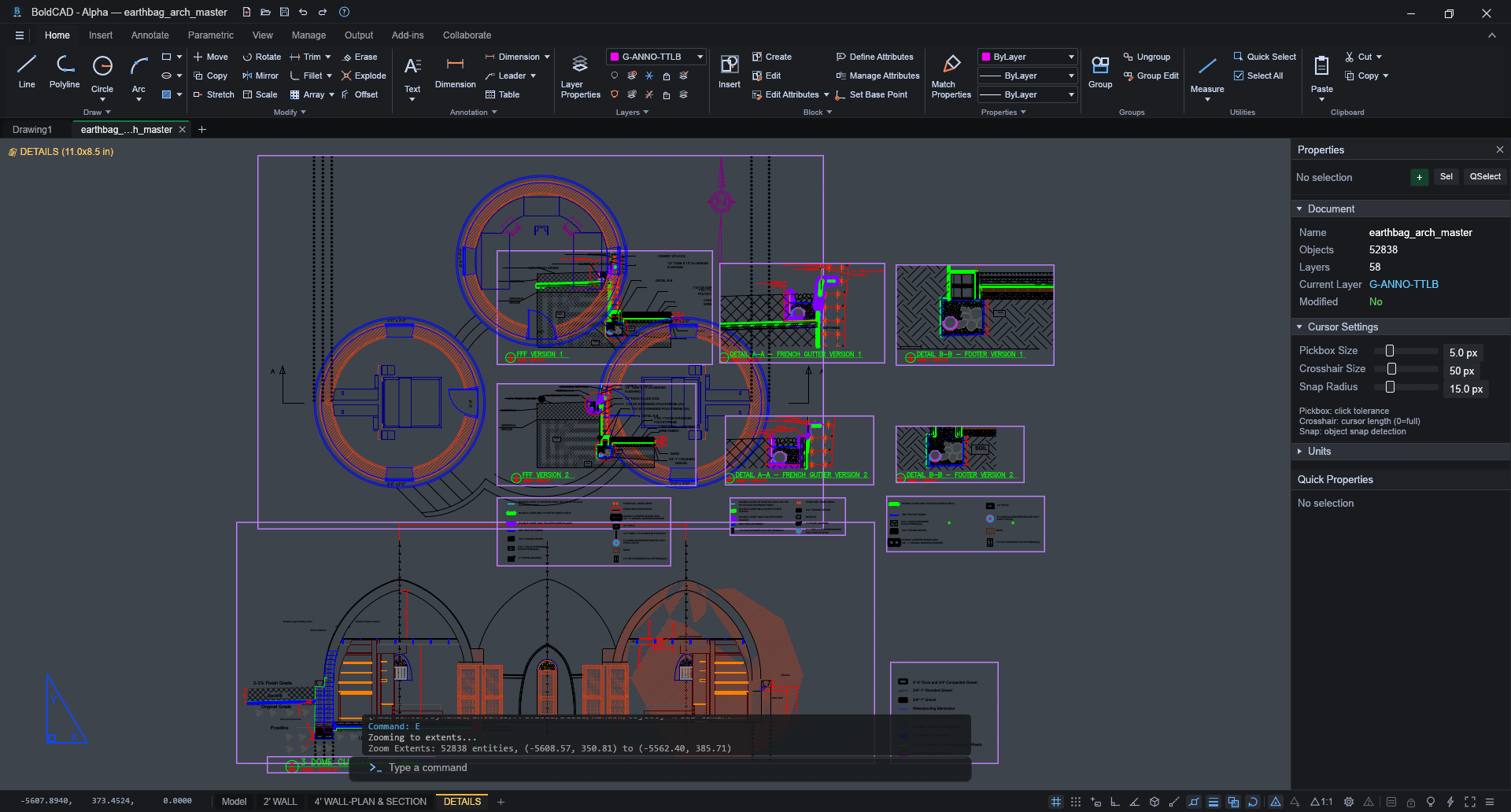A BoldCAD paper-space layout: construction details with hatching,
                      dimensions and section marks, on an 11 by 8.5 inch sheet.